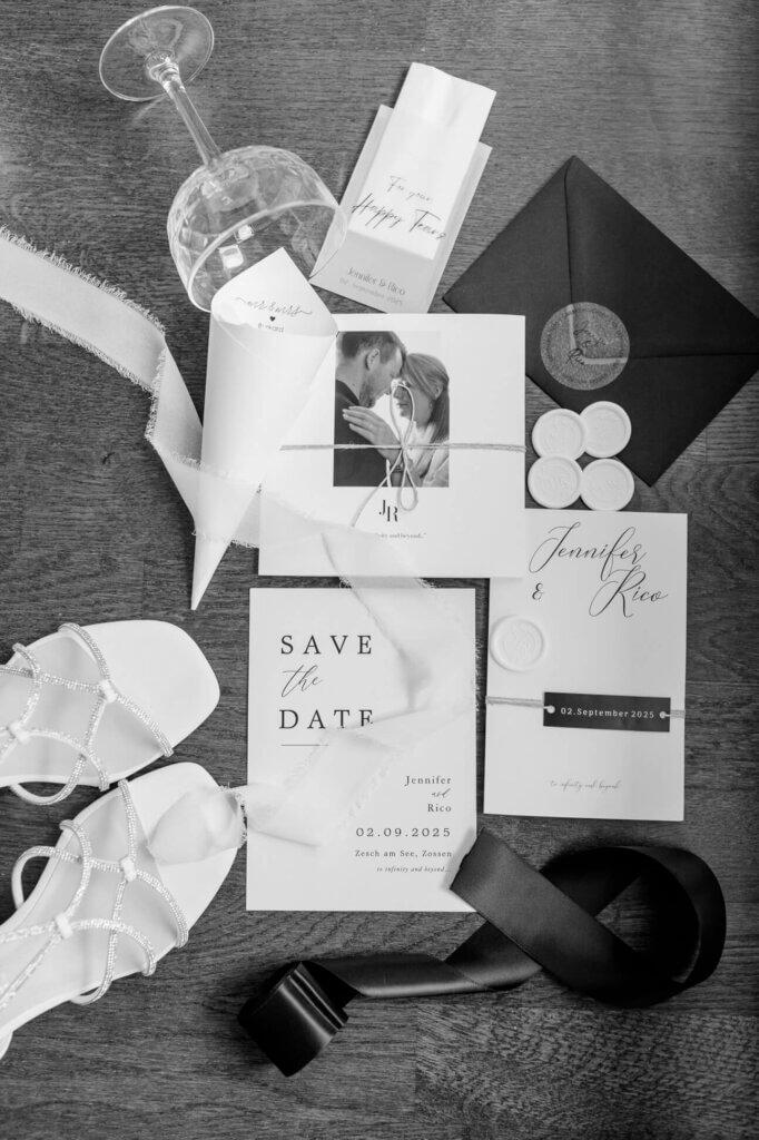 Flatlay, schwarz-weiß, Brautschuhe, Papeterie